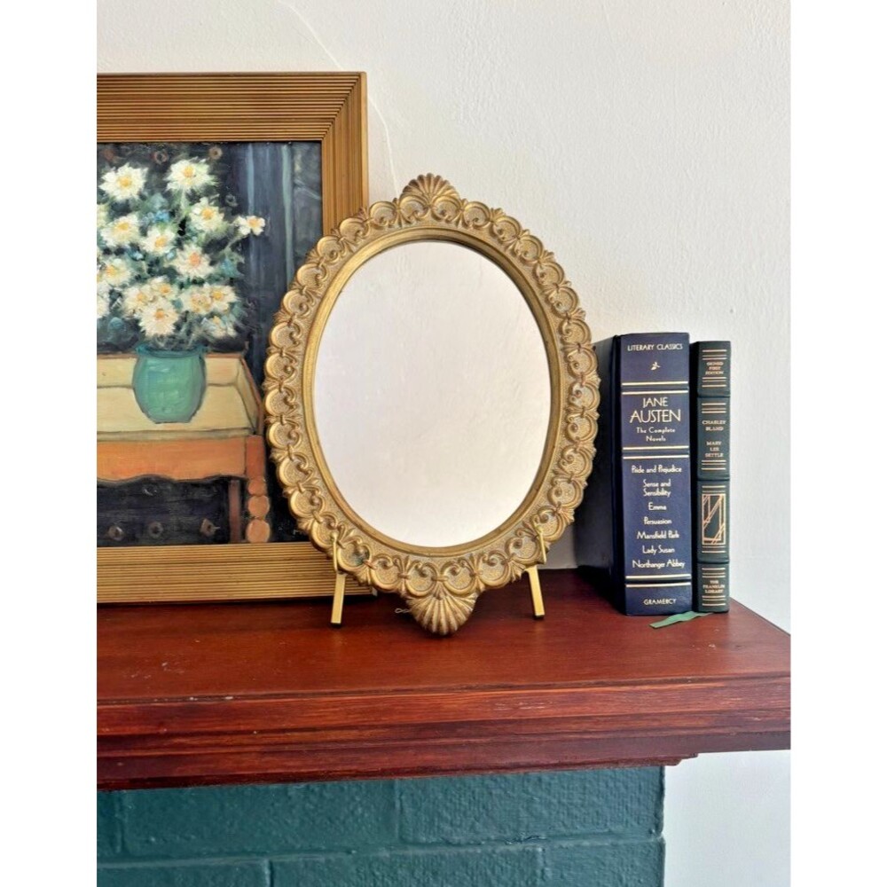 Vintage Ornate Gold Oval Wall Mirror Hollywood Regency French Provincial Rococo